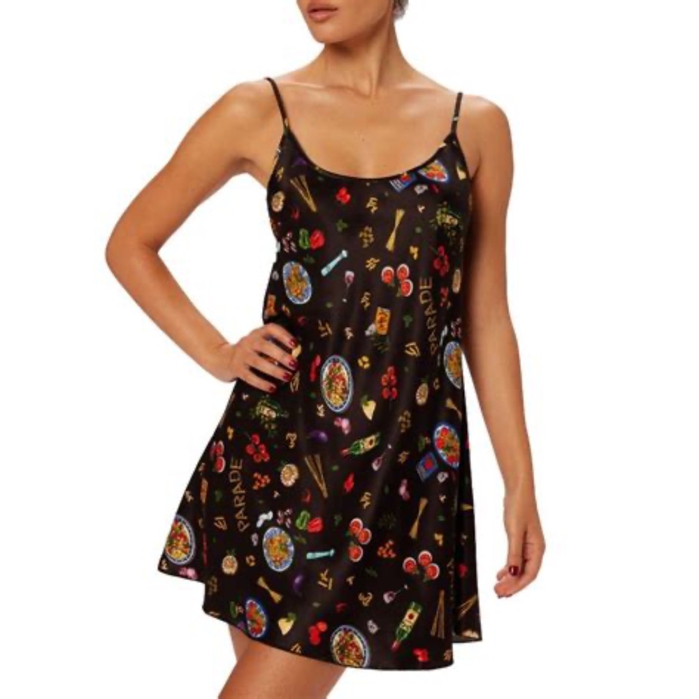 Luxe Sleep Dress | Plush Satin Pasta Print (Dinner Party)